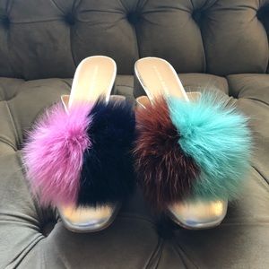 Loeffler Randall Lulu silver mules with pom pom